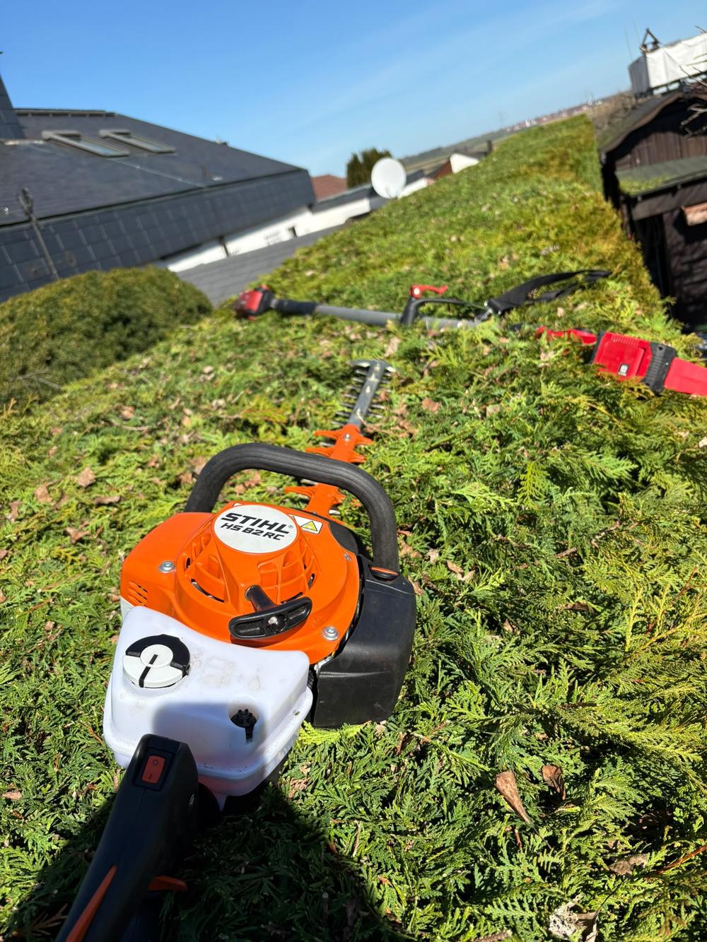 Heckenschere im Einsatz bei blauem Himmel